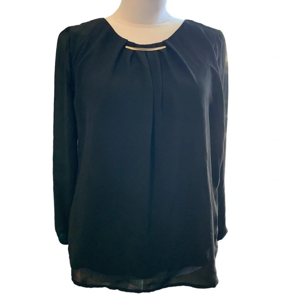 MERAKI women's small black blouse with sheer long sleeves
